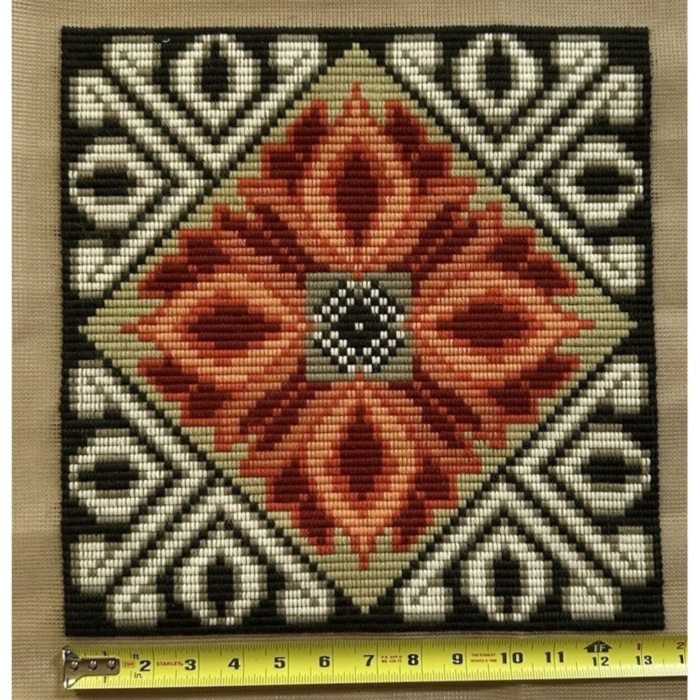 Vtg Norwegian Akle Needlepoint Panel Scandinavian Folk‎ Art Floral Orange (E)